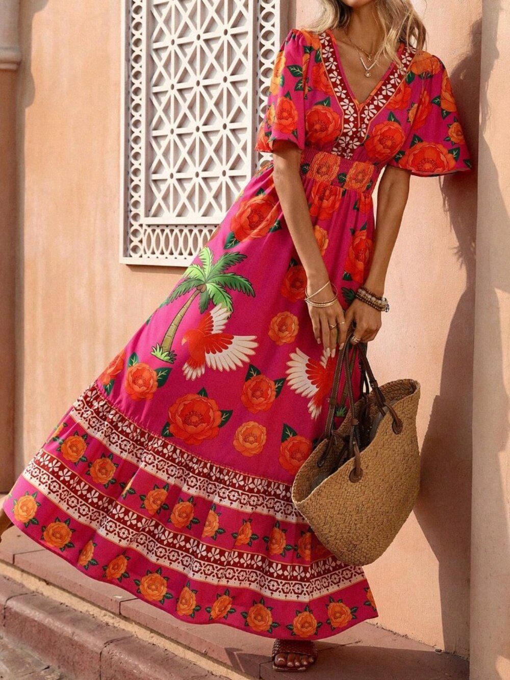 Hot Pink Boho Women's Romantic Luxury Maxi Dress - Picture 4 of 7